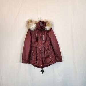 AMERICAN RAG Burgundy Red Hooded Parka Pockets Faux Fur Winter Womens Small S